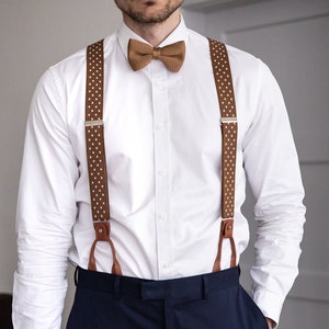 Brown suspenders with white dots for men, Tan brown button suspenders, Wedding suspenders for groom groomsmen, loop clip suspenders image 1