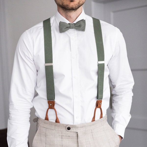 Sage green suspenders, leather button suspenders, clip braces, Wedding suspenders for groom and groomsmen, Hawaii wedding