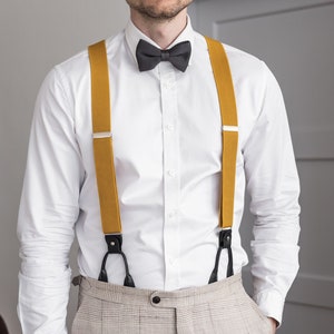 Mustard yellow suspenders for men, Black vegan leather button tab and clip braces, Wedding loop suspenders for groom groomsmen