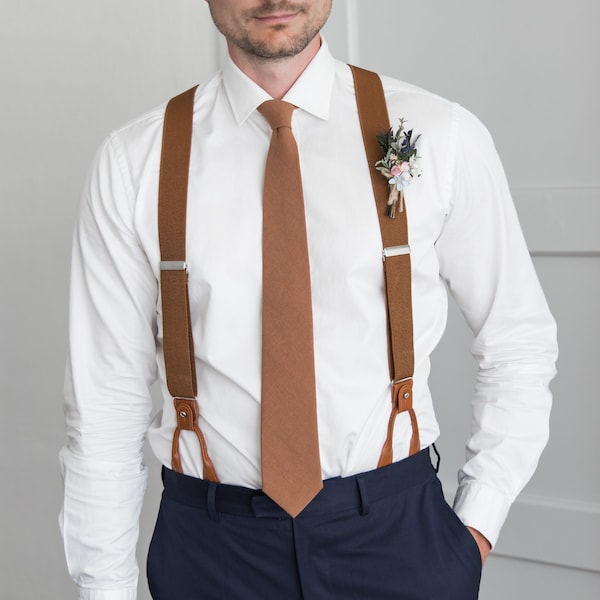 Brown suspenders for men, button suspenders, wedding suspenders for groom groomsmen, elastic suspenders, clip suspenders