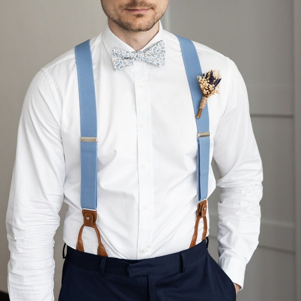 Light blue suspenders for men, Brown leather button tab suspenders, Wedding suspenders for groom groomsmen, clip on braces