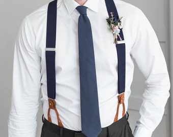 Navy blue suspenders for men, Brown button suspenders, Wedding suspenders for groom groomsmen, loop suspenders, clip suspenders