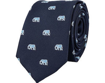 Corbata de elefante azul marino, regalo de abanico de animales, corbatas bordadas para hombres
