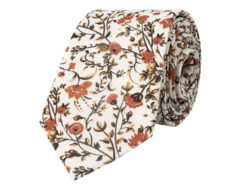 Corbata floral marfil para hombre, corbata de boda de flor naranja para padrinos de boda, corbatas de algodón blanco roto, corbatas blanco crema, colección Everly