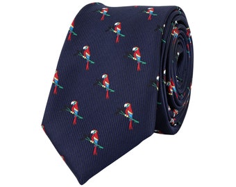 Corbata de loro azul marino, regalo de abanico de animales, corbatas bordadas para hombre