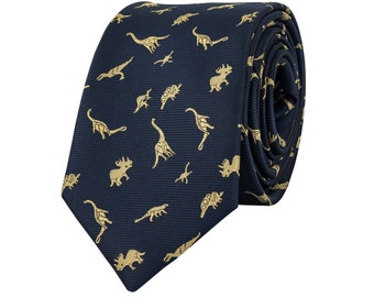 Cravatta dinosauro blu navy, regalo fan animali, cravatte ricamate per uomo