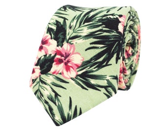 Tropical Hawaii tie, Green pink beach wedding necktie, hibiscus palm tree floral cotton ties for groom and groomsmen, Aloha collection