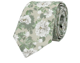 Cravate de pivoines vert sauge, cravate de mariage florale pour les garçons d'honneur du marié, cravates en coton, mariages de la forêt printanière, pivoine blanche, collection Rima