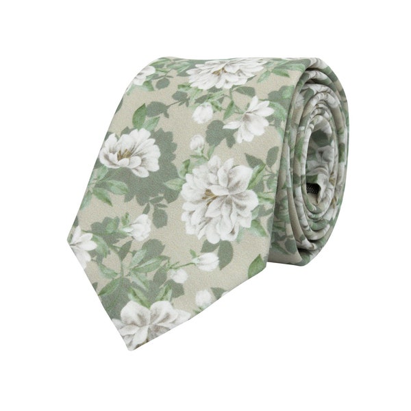 Sage green peonies necktie, floral wedding tie for groom groomsmen, cotton ties, spring forest weddings, white peony, Rima collection