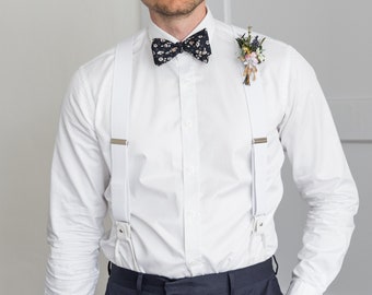 White suspenders for men, button and clip suspenders for groom groomsmen, tuxedo wedding suspenders