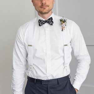White suspenders for men, button and clip suspenders for groom groomsmen, tuxedo wedding suspenders image 1