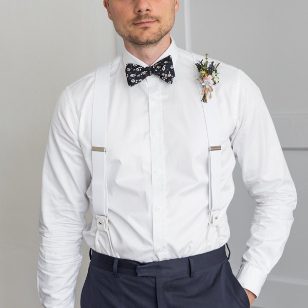 White suspenders for men, button and clip suspenders for groom groomsmen, tuxedo wedding suspenders