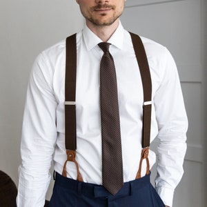 Dark brown suspenders for men, button suspenders, wedding suspenders for groom groomsmen, elastic suspenders, clip suspenders image 5