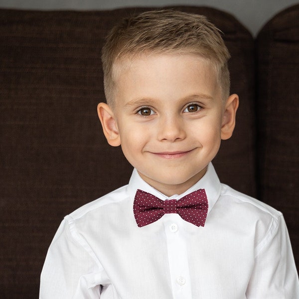 Burgundy red kids bow tie, Polka dot boys bow ties, Ring bearer wedding outfit, Baby toddler dotted bow tie, Infant children bow tie