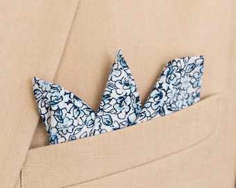 White blue pocket square, Floral handkerchief, groom groomsmen wedding pocket squares, Summer Sky