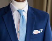 Azure blue necktie, Light blue men's skinny cotton tie, Turtles necktie, tie and pocket square set, cufflinks set, nautical theme necktie