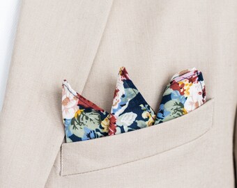 Navy blue floral pocket square, colorful red roses handkerchief, groom groomsmen pocket squares, Vivid Rose collection