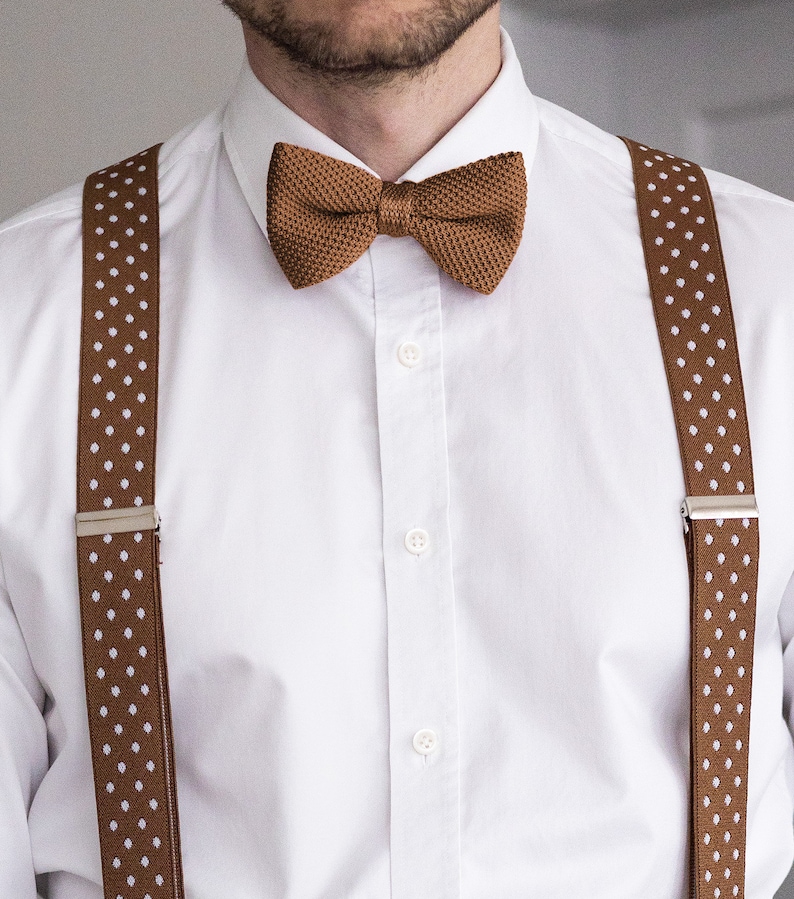 Caramel brown knitted bow tie for men, Autumn wedding bow ties for groom and groomsmen, knit pre-tied bow tie imagem 4