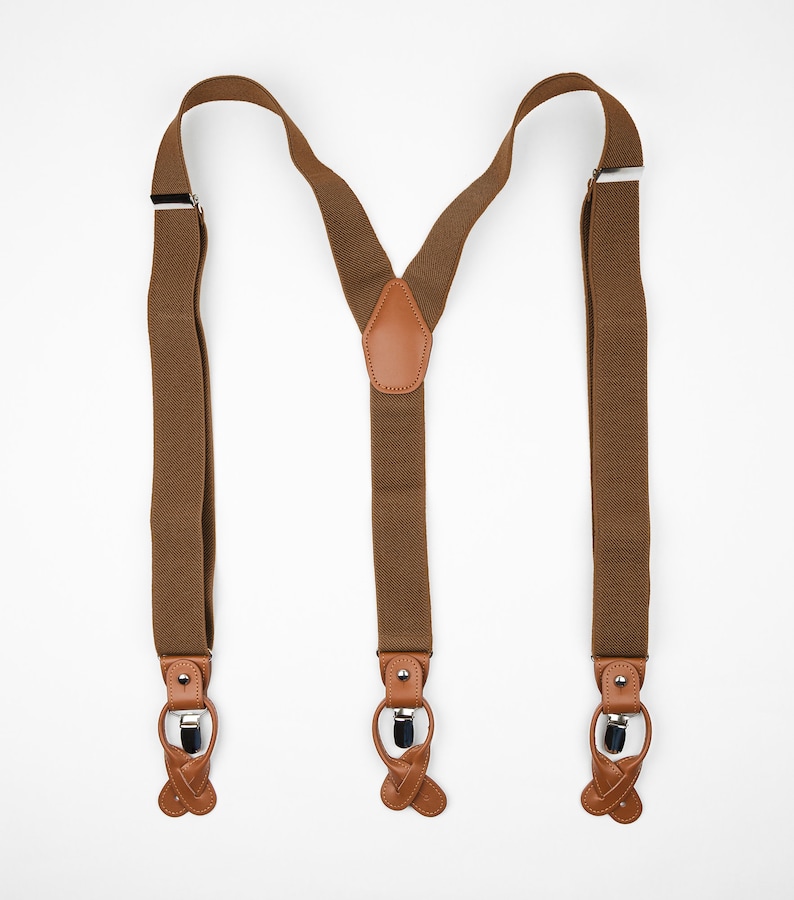 Brown suspenders for men, button suspenders, wedding suspenders for groom groomsmen, elastic suspenders, clip suspenders image 3