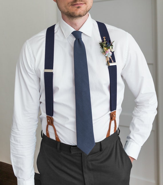 Navy Blue Suspenders for Men Brown Button Suspenders Wedding - Etsy