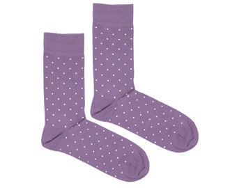 Chaussettes habillées pour hommes violets avec des points / Chaussettes violettes à pois en coton décontracté, chaussettes d’équipage formelles solides pour adultes, cadeau de marié de mariage