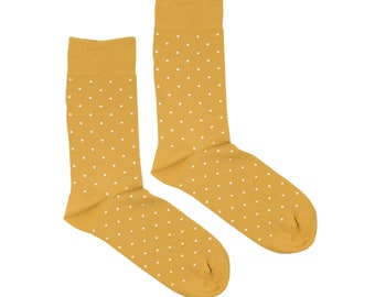 Calcetines de vestir para hombre amarillos con puntos / Calcetines de lunares de algodón casual amarillo dorado, calcetines formales sólidos para adultos, regalo de padrinos de boda
