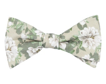 Noeud papillon pré-noué de pivoines vert sauge pour hommes, noeud papillon en coton, cravates de mariage florales pour les mariés, pivoine blanche, collection Rima