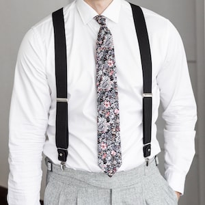 Schwarze Hosenträger für Männer, schwarze Lederknopfleiste und Clip-Hosenträger, formelle Hochzeit Groomsmen Hosenträger, elastische Knopfenden Hosenträger Bild 7