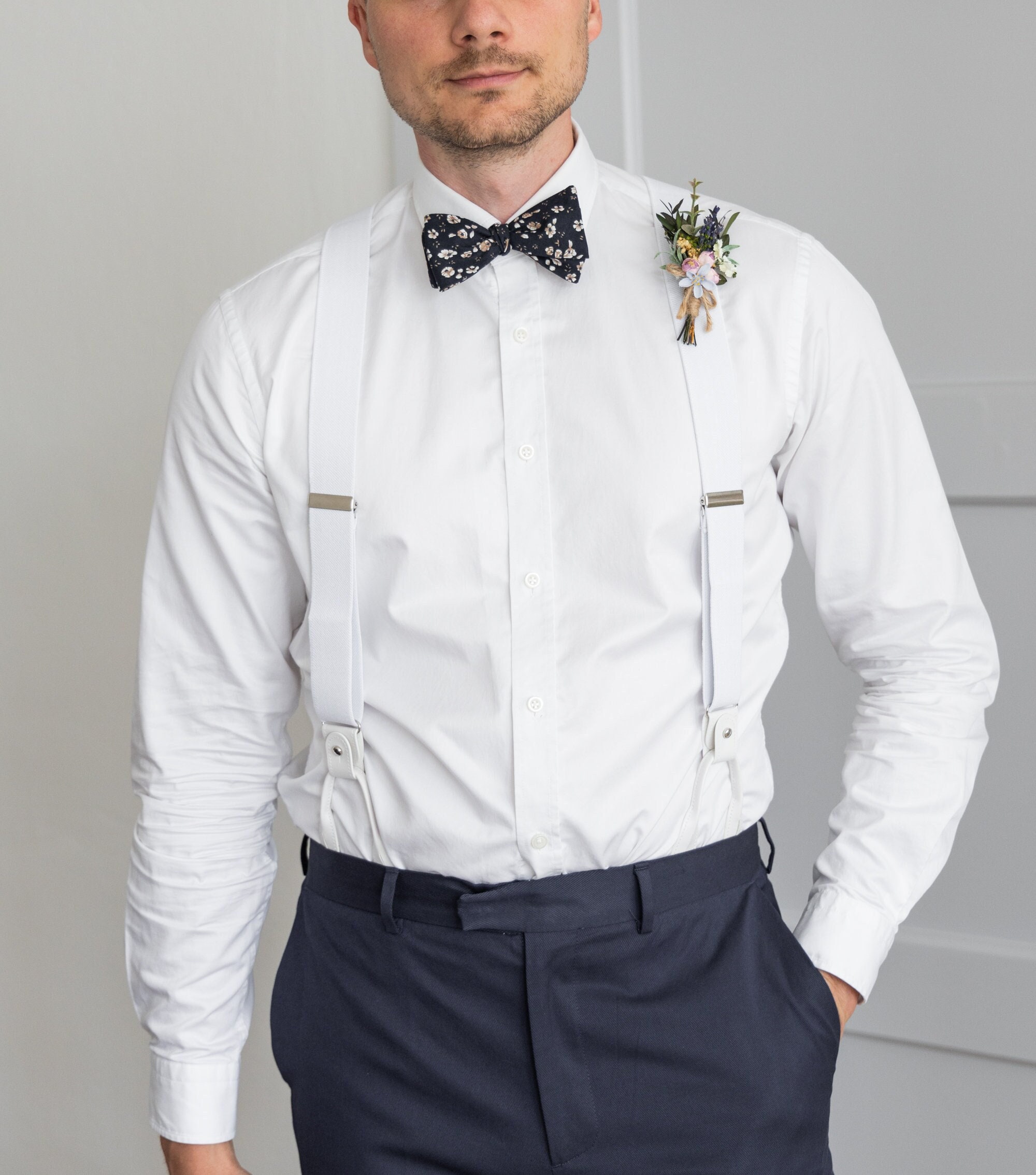 White Suspenders for Men, Button and Clip Suspenders for Groom Groomsmen,  Tuxedo Wedding Suspenders 