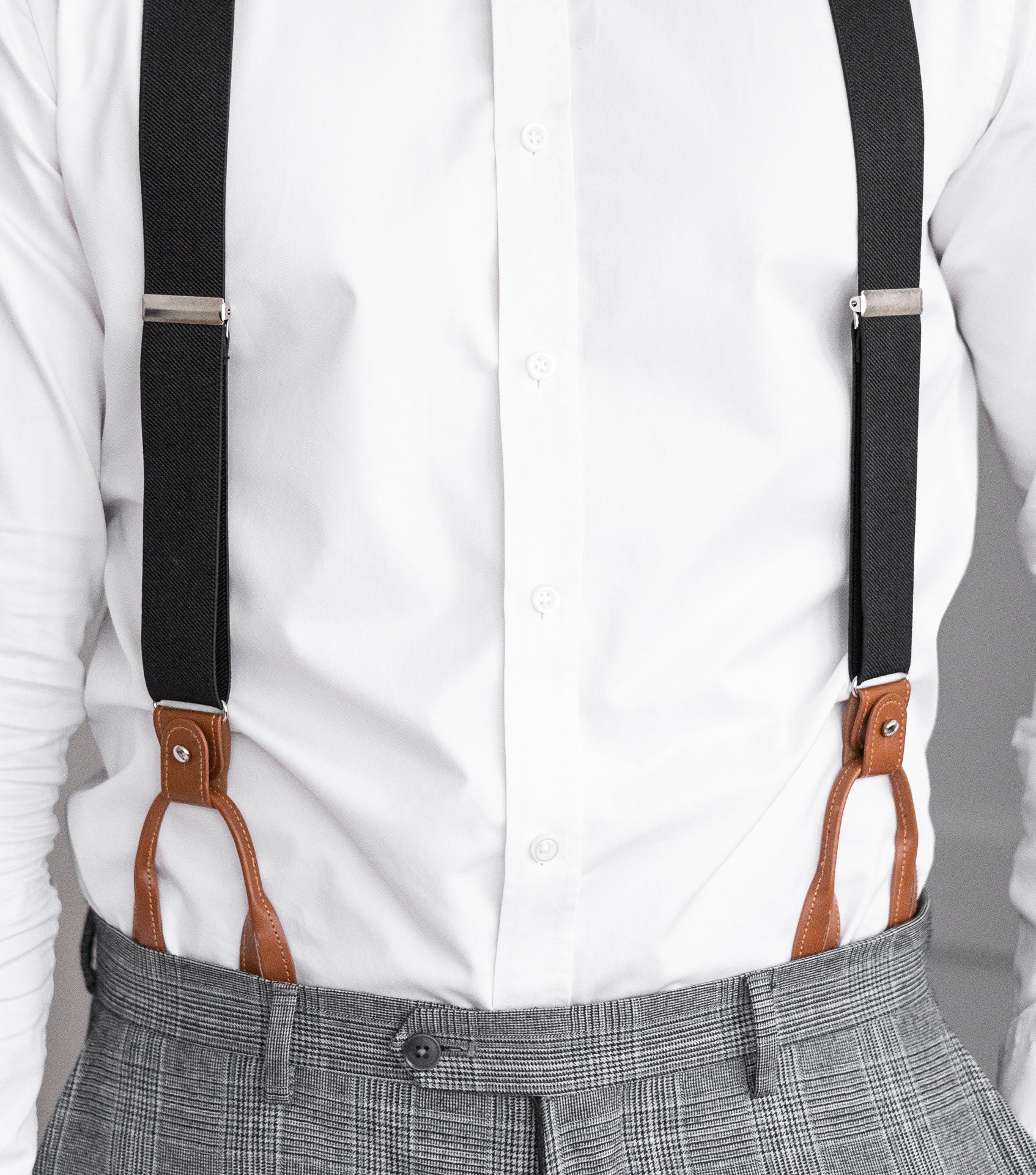 Black Suspenders for Men, Brown Leather Button Tab and Clip Braces