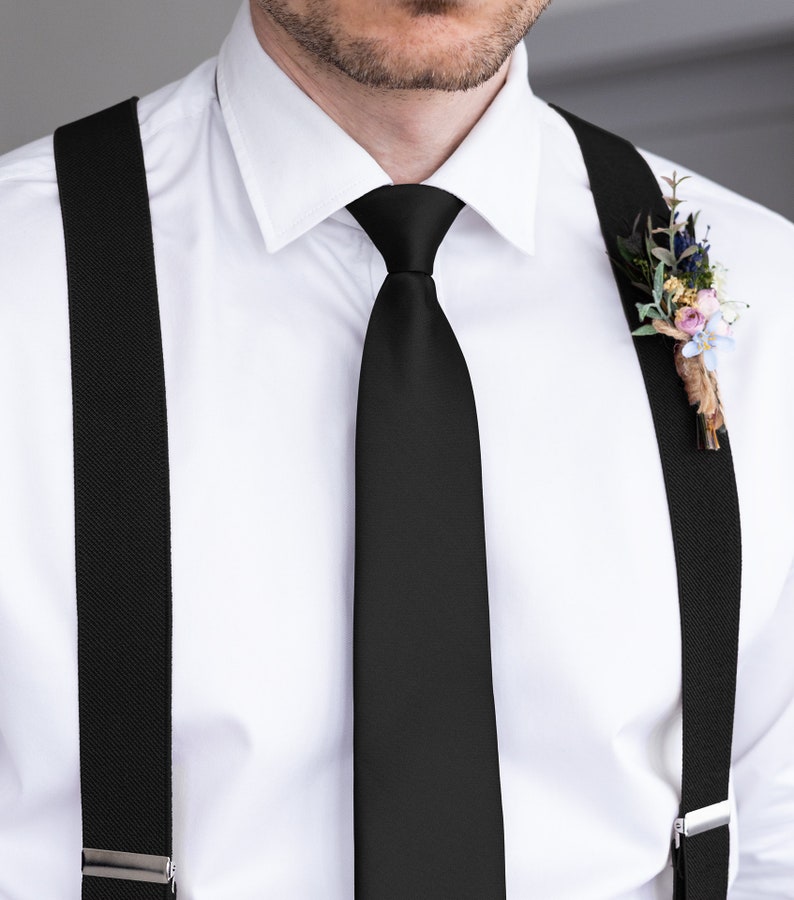 Corbata de satén negro para hombre, corbatas formales de boda para novios y padrinos de boda, corbatas negras sólidas Sateen, colección Night imagen 2