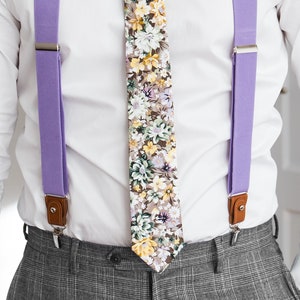 Purple suspenders for men, Brown leather button tab and clip braces, Lavender multifit wedding suspenders for groom groomsmen image 2