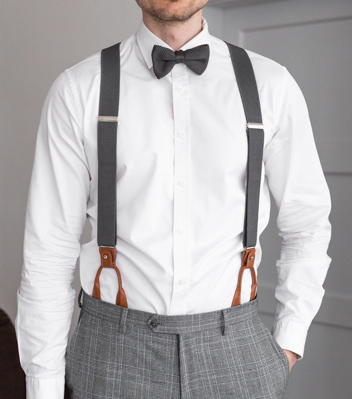 Dark Gray Suspenders for Men Brown Button Suspenders Loop - Etsy
