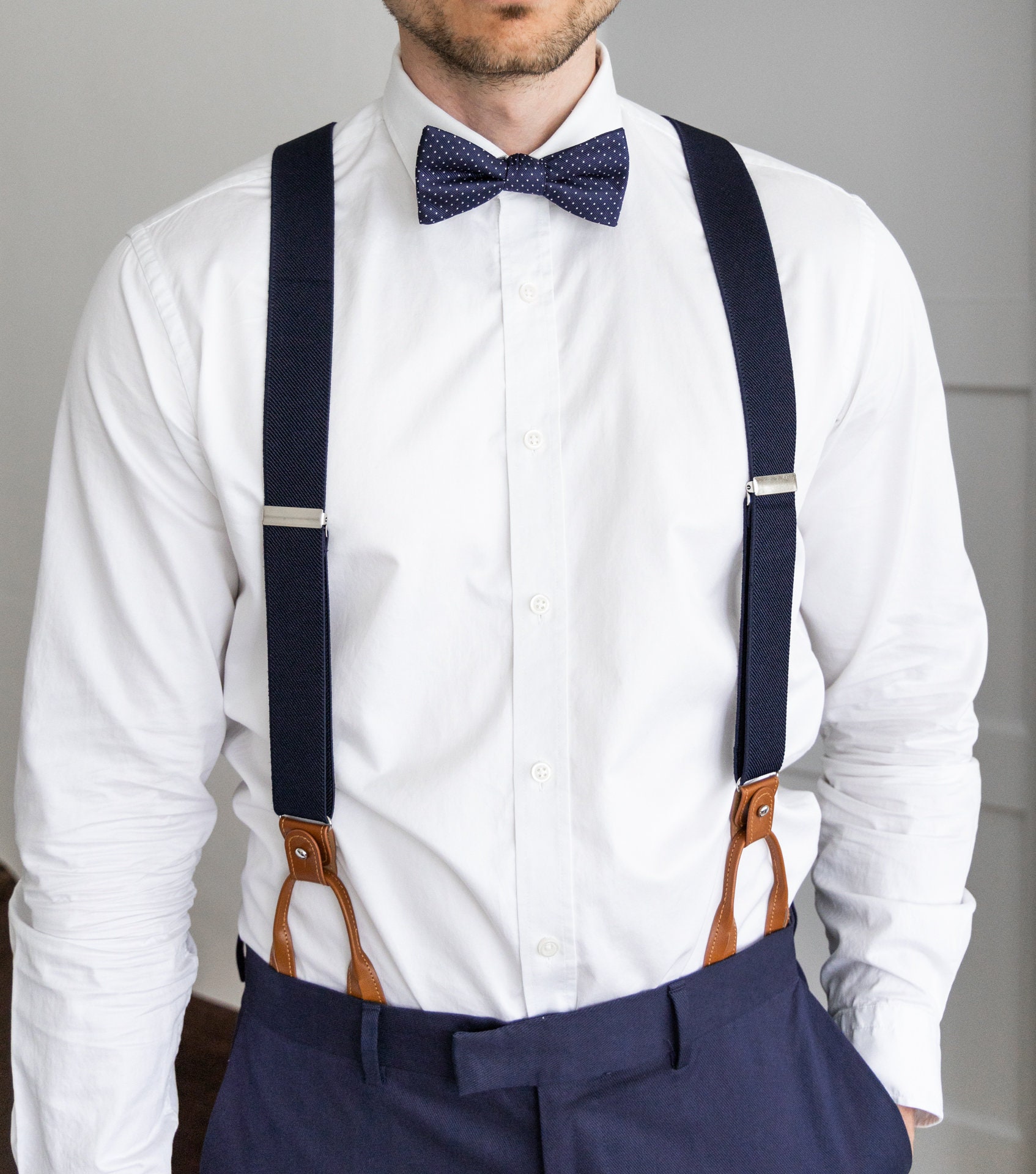 Navy Blue Suspenders for Men, Brown Button Suspenders, Wedding Suspenders  for Groom Groomsmen, Loop Suspenders, Clip Suspenders 