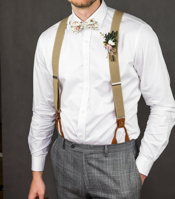 Beige suspenders for men button suspenders wedding | Etsy
