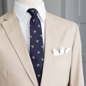 Navy blue bee tie, bees necktie, honeybee ties, bumble bee animal insect embroidered neckties, gift for men image 2