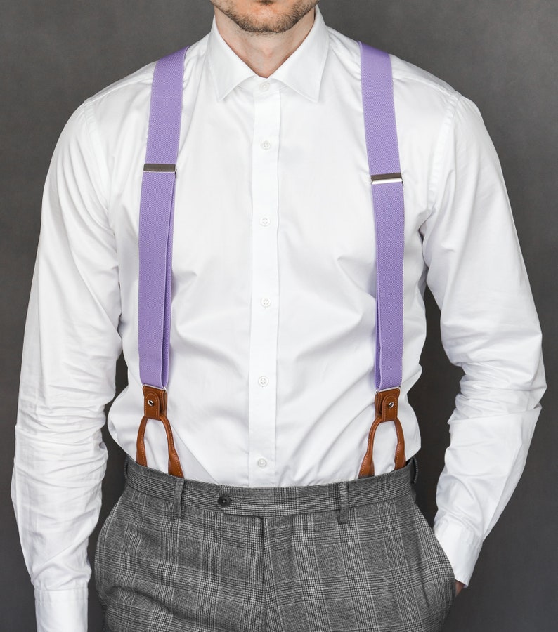 Purple suspenders for men, Brown leather button tab and clip braces, Lavender multifit wedding suspenders for groom groomsmen image 5