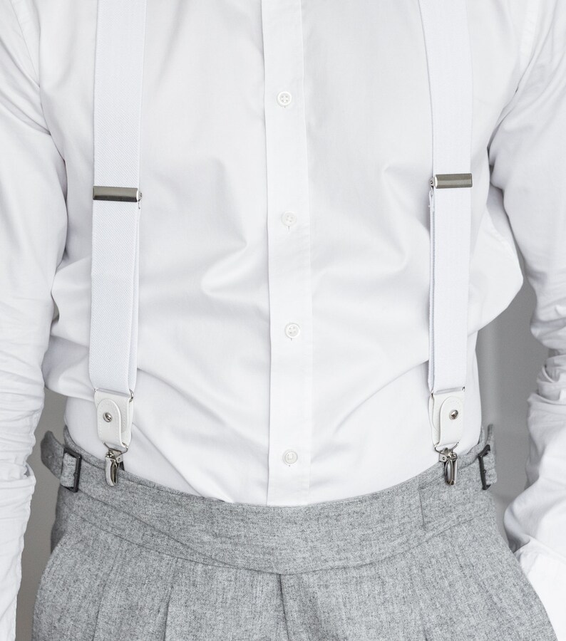 White suspenders for men, button and clip suspenders for groom groomsmen, tuxedo wedding suspenders image 7