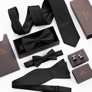 Corbata de satén negro para hombre, corbatas formales de boda para novios y padrinos de boda, corbatas negras sólidas Sateen, colección Night imagen 6