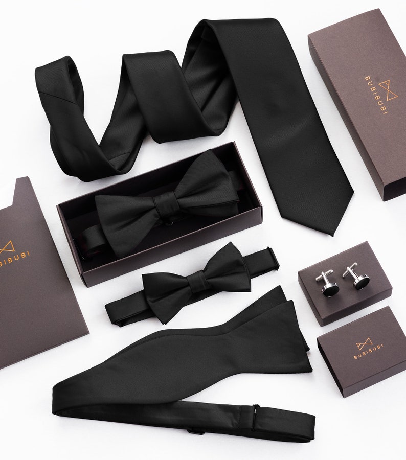 Corbata de satén negro para hombre, corbatas formales de boda para novios y padrinos de boda, corbatas negras sólidas Sateen, colección Night imagen 6