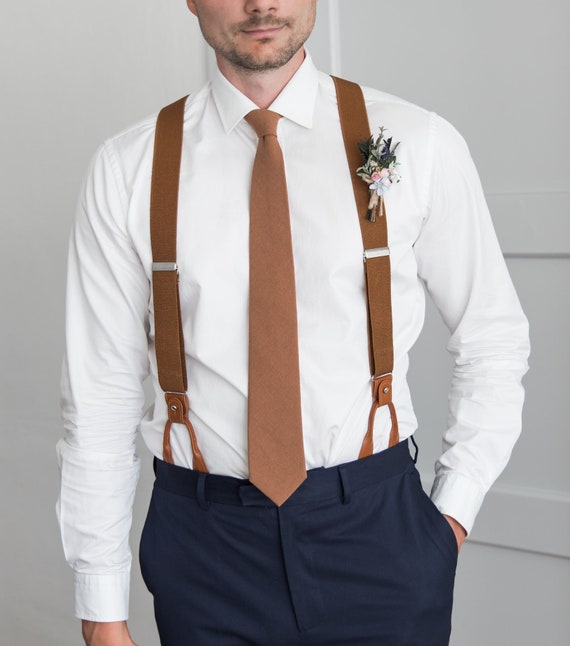 Brown Suspenders for Men, Button Suspenders, Wedding Suspenders for Groom  Groomsmen, Elastic Suspenders, Clip Suspenders 