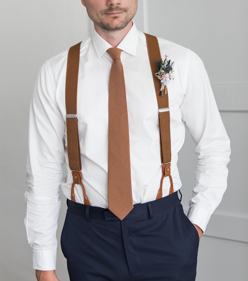 Brown suspenders for men, button suspenders, wedding suspenders for groom groomsmen, elastic suspenders, clip suspenders image 1