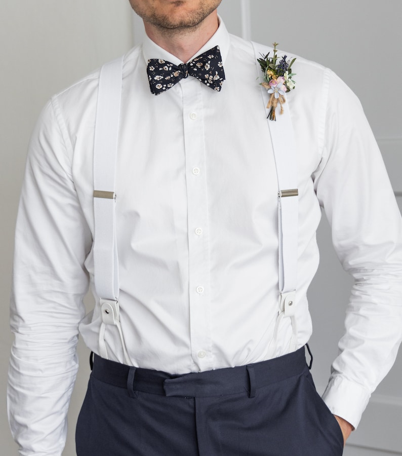 White suspenders for men, button and clip suspenders for groom groomsmen, tuxedo wedding suspenders image 4