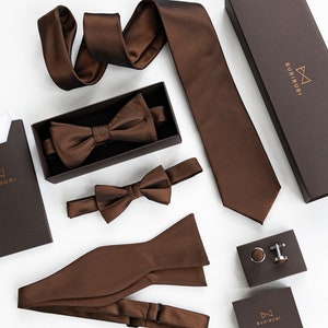 Brown satin self-tie bow tie, untied wedding bow ties for groomsmen and groom, elegant shiny sateen bow tie, Mocha collection zdjęcie 7