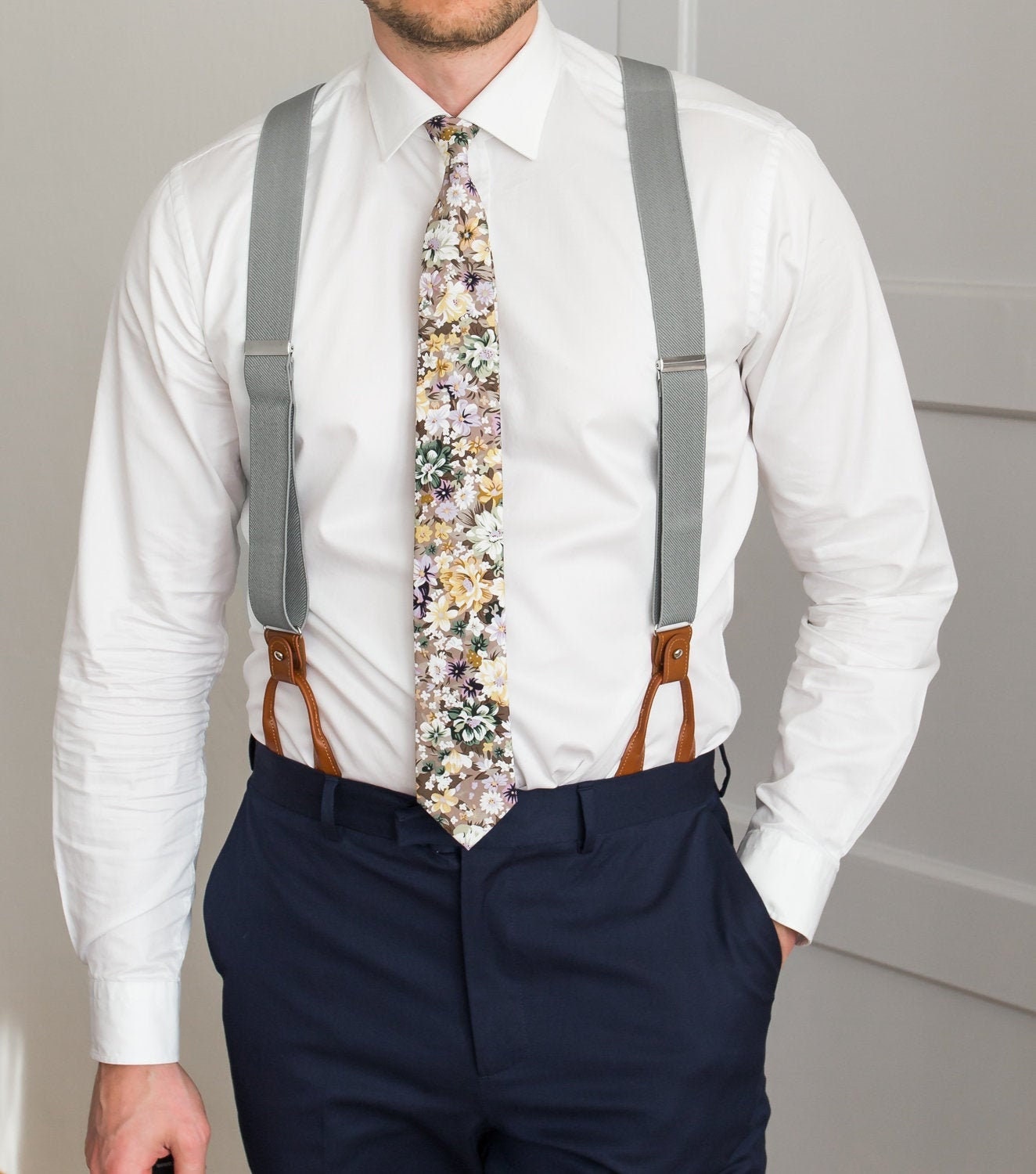 Light Grey Suspenders for Men Brown Button Suspenders Loop Etsy