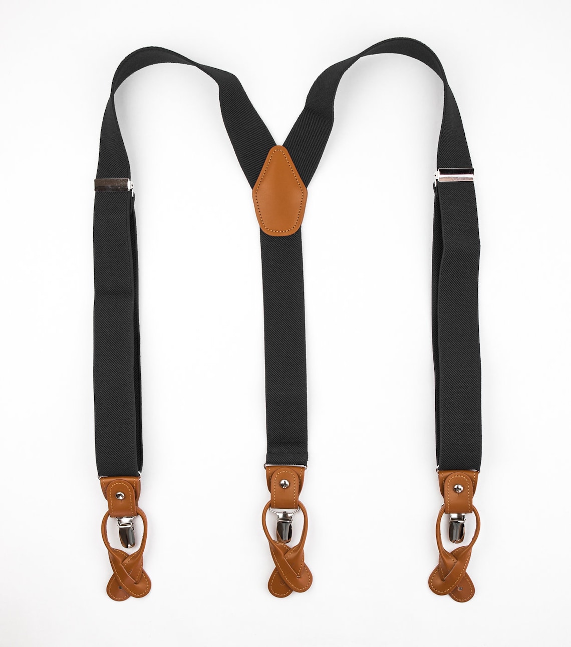 Black Suspenders for Men Brown Leather Button Tab and Clip Etsy