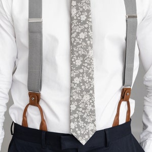 Light gray suspenders for men, button and clip suspenders, adjustable elastic leather loop wedding suspenders for groom groomsmen image 2