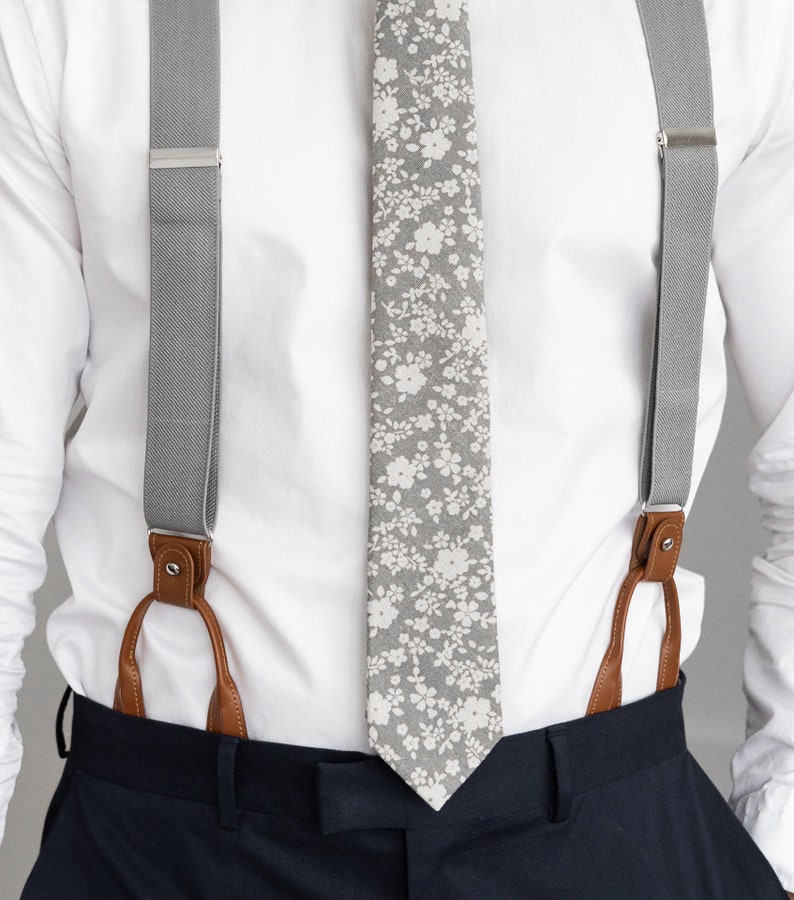 Light gray suspenders for men, button and clip suspenders, adjustable elastic leather loop wedding suspenders for groom groomsmen image 2