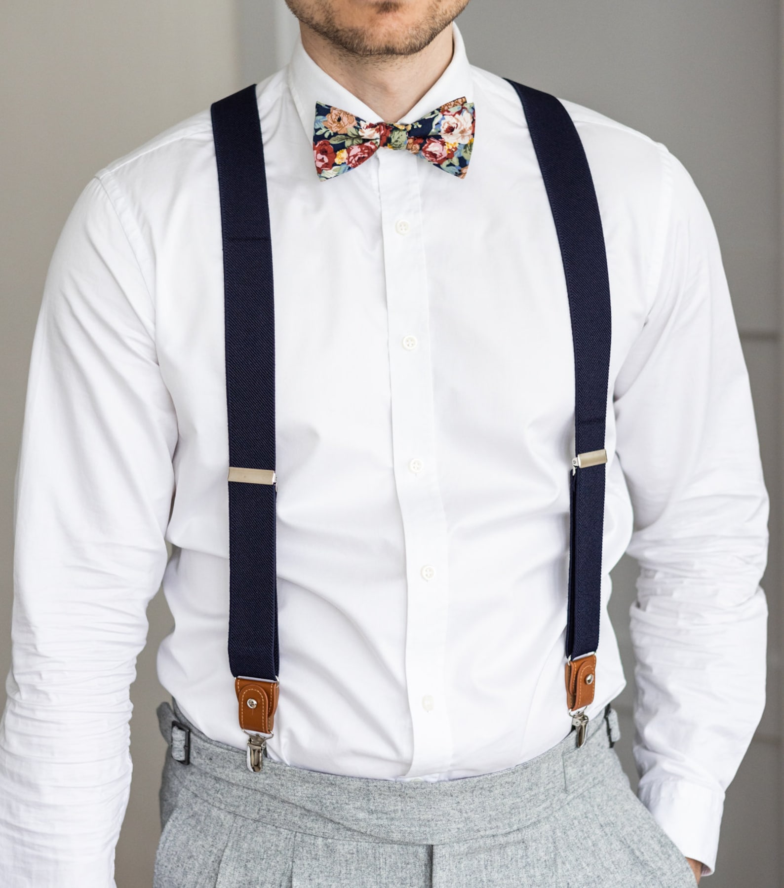 Navy Blue Suspenders for Men Brown Button Suspenders Wedding - Etsy