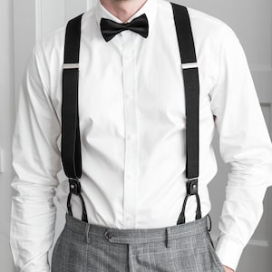 Schwarze Hosenträger für Männer, schwarze Lederknopfleiste und Clip-Hosenträger, formelle Hochzeit Groomsmen Hosenträger, elastische Knopfenden Hosenträger Bild 9